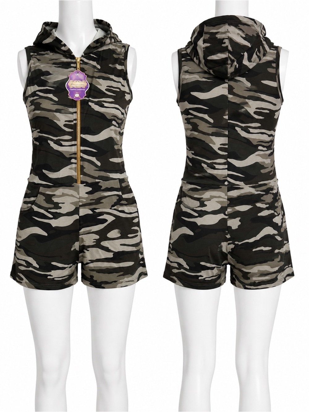 Girls Sleeveless Hooded Camo Romper - Olive Camo